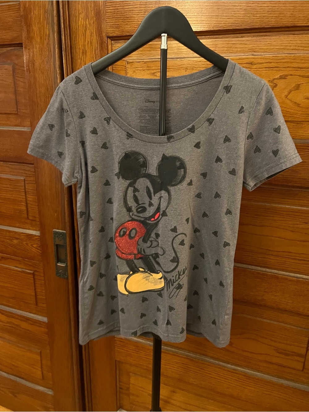 Disney Gray Mickey Mouse Tee Red Glitter Heart Boat Neck Top